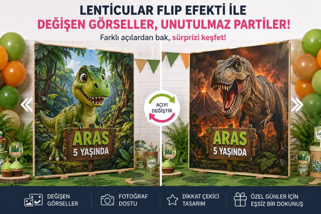 Dinozor temalı doğum günü partisinde lenticular flip efekti kullanılan değişen görselli konsept pano