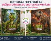 Dinozor temalı doğum günü partisinde lenticular flip efekti kullanılan değişen görselli konsept pano